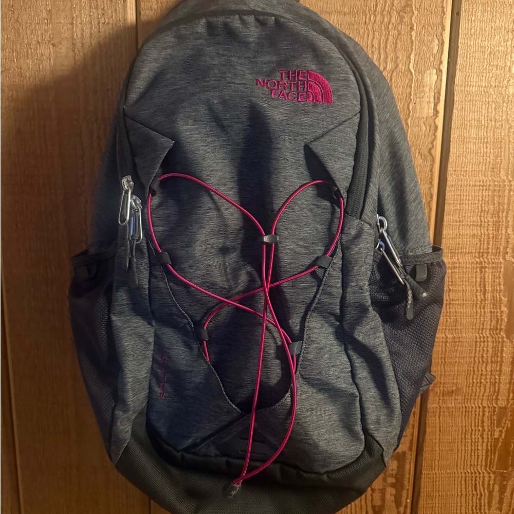 The North Face Jester Heather Gray Backpack with Purple Bungee